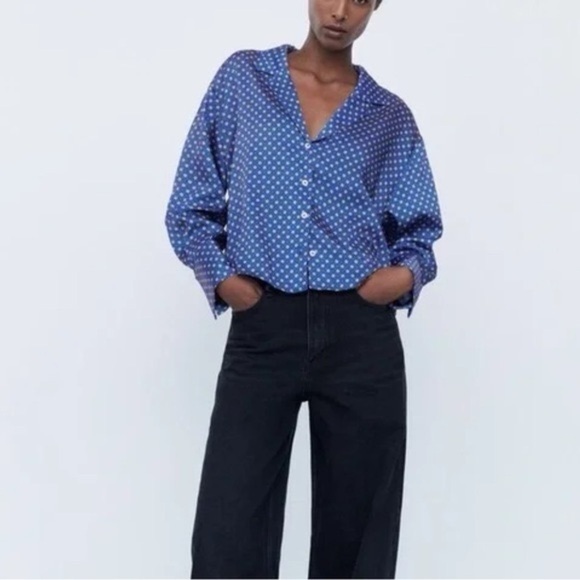 Zara Blue Mini Print Button Cropped Button Down Blouse Small - Picture 1 of 9